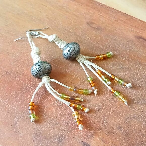 Seed Bead Necklace & Earring Set, Macrame Dangle Earrings, Layered Necklace 2 PC - Picture 2 of 7